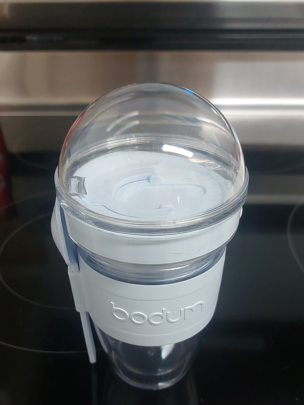 Bodum Clear and White Travel Cup with Dome Lid